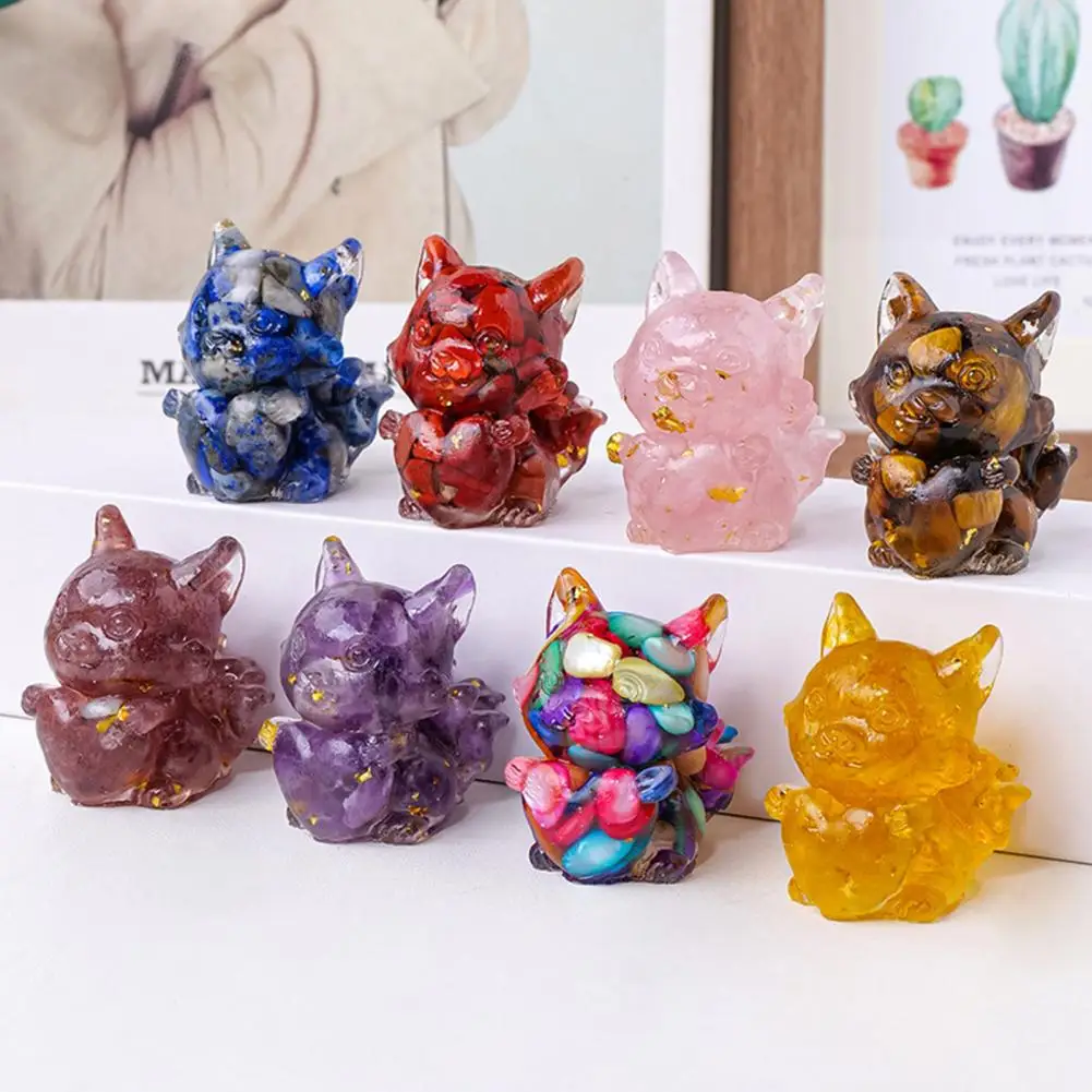 Natural Stone Foxes Figurine Love Heart Statue Hand-carved Nine-tailed Fox Figurine with Colorful Faux Heart for Desktop