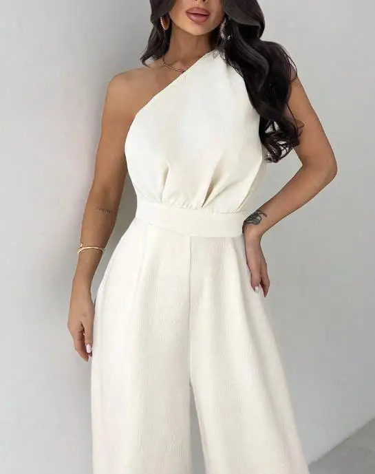 

Women's One-Shoulder Sleeveless Sloping Shoulder Wide Leg Jumpsuit Elegant Stylish Formal Jumpsuit