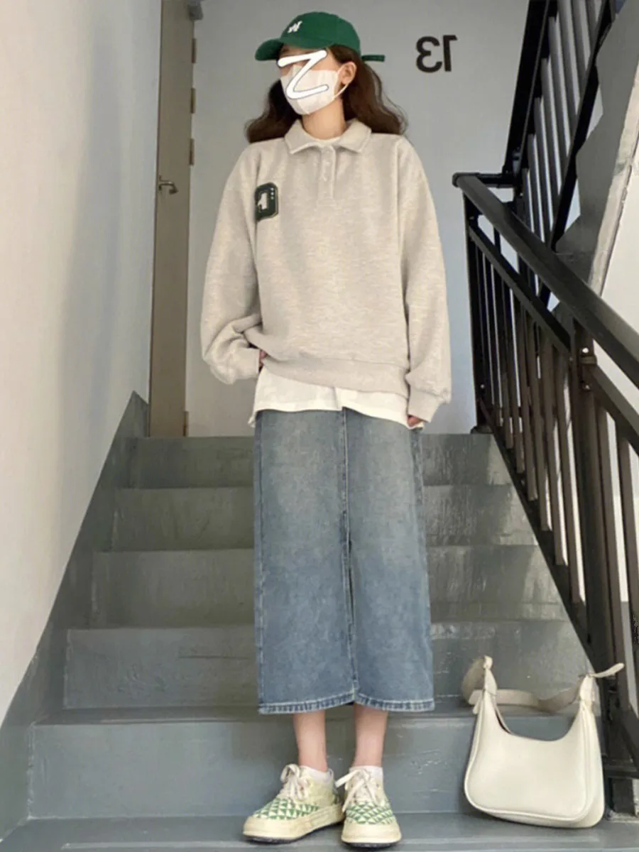 High Waist A-Line  Skirt for Women Denim Split Korean Style plus Size Conceals Belly Slimming Mid-Length Half Skirt