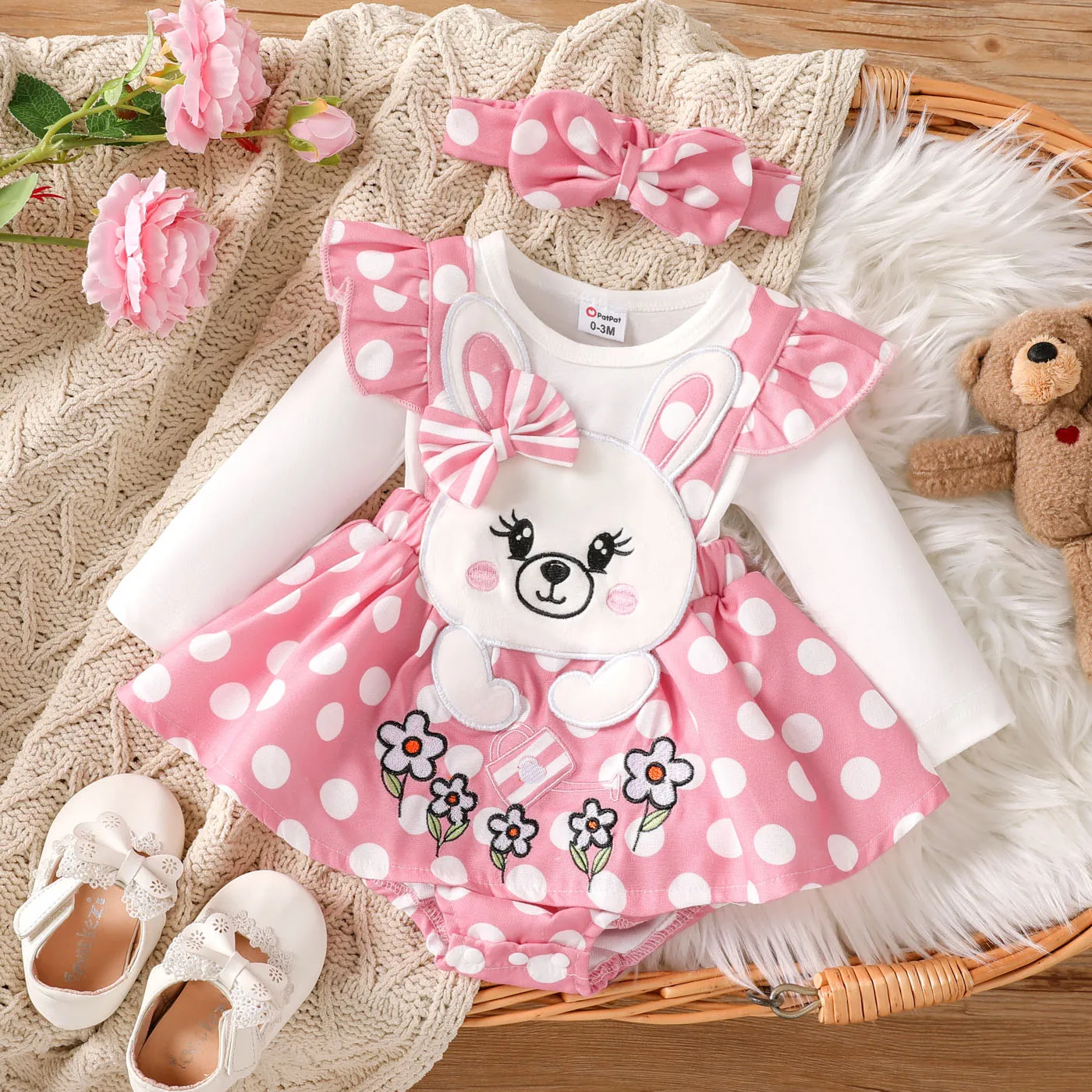 

PatPat Baby Girl Bunny Print Ruffled Long Sleeve Romper Cute Outfit