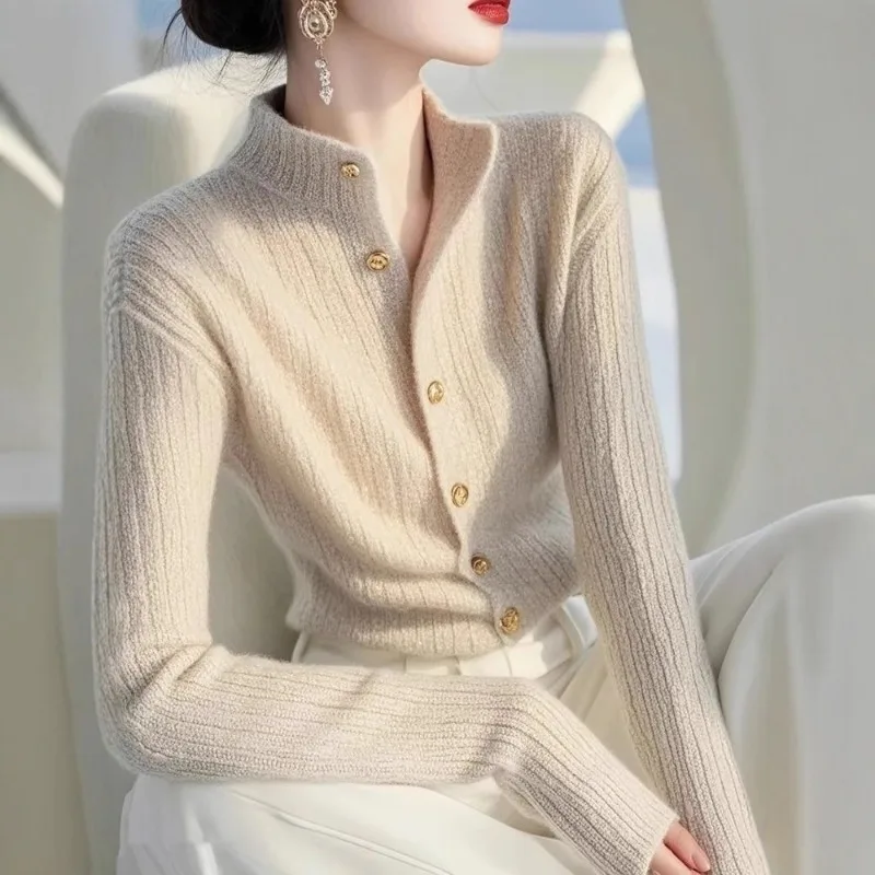 

Новинка 2025, осенне-зимний темпераментный вязаный кардиган, женский свитер, свободный повседневный универсальный свитер, куртка, женский трикотаж, топы