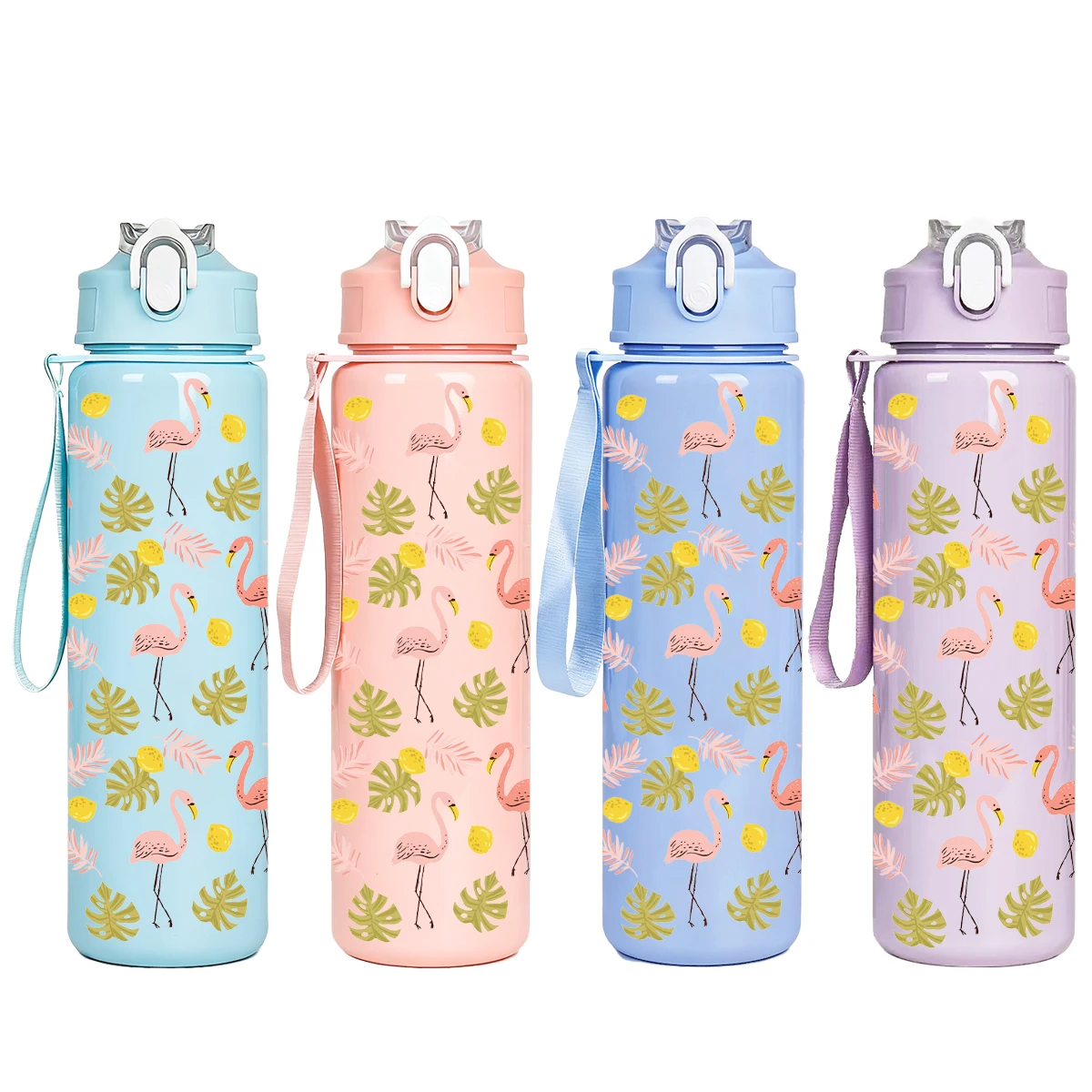Cute Tropical Flamingo Plastic Water Bottle, Portable Reusable Leakproof Cup for Girls