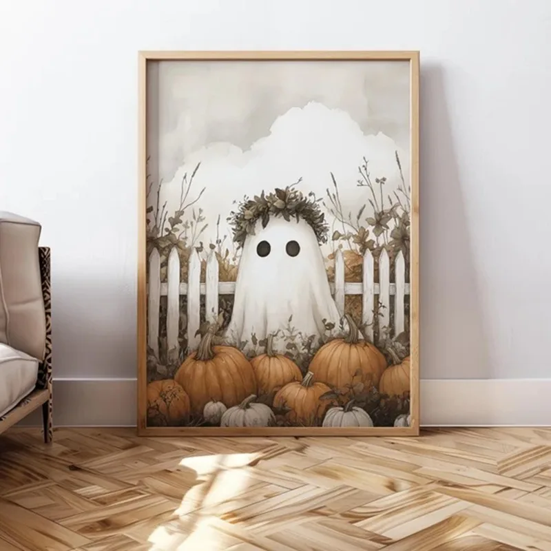 

Cute Ghost Wall Art Halloween Poster Ghost Print Pumpkin Wall Art Trendy Halloween Painting Aesthetic Halloween Print Wall Decor