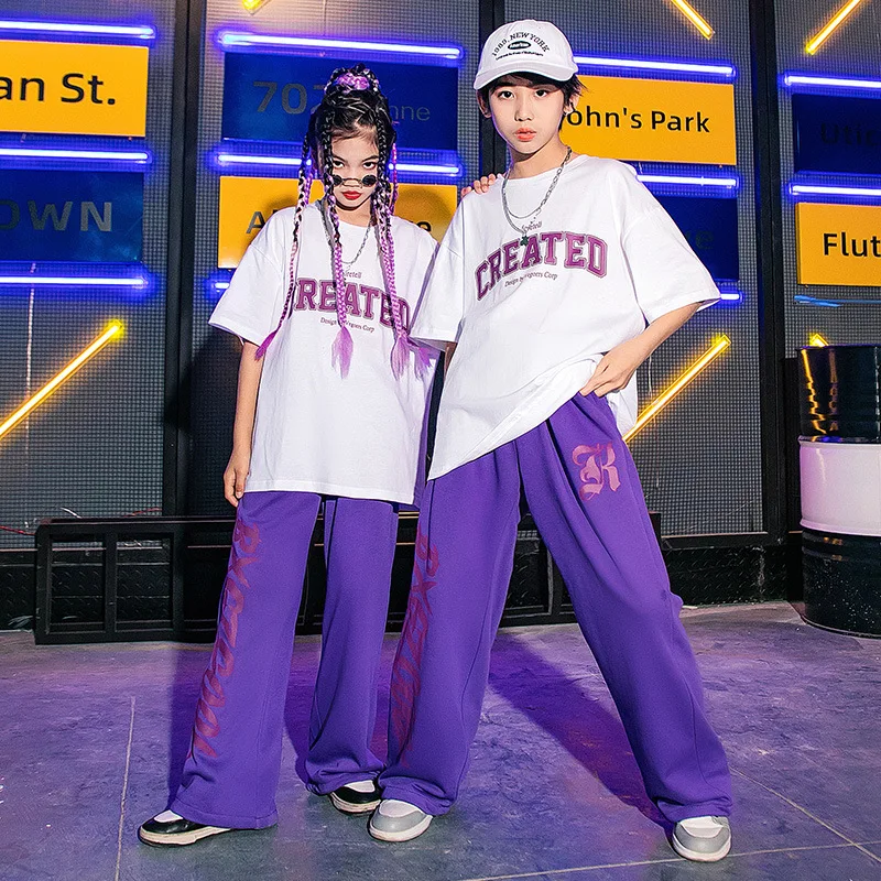 Kid Hip Hop Clothing White Graphic Tee Oversized T Shirt Top Purple Casual Sweat Pants for Girl Boy Jazz Dance Costume Clothes