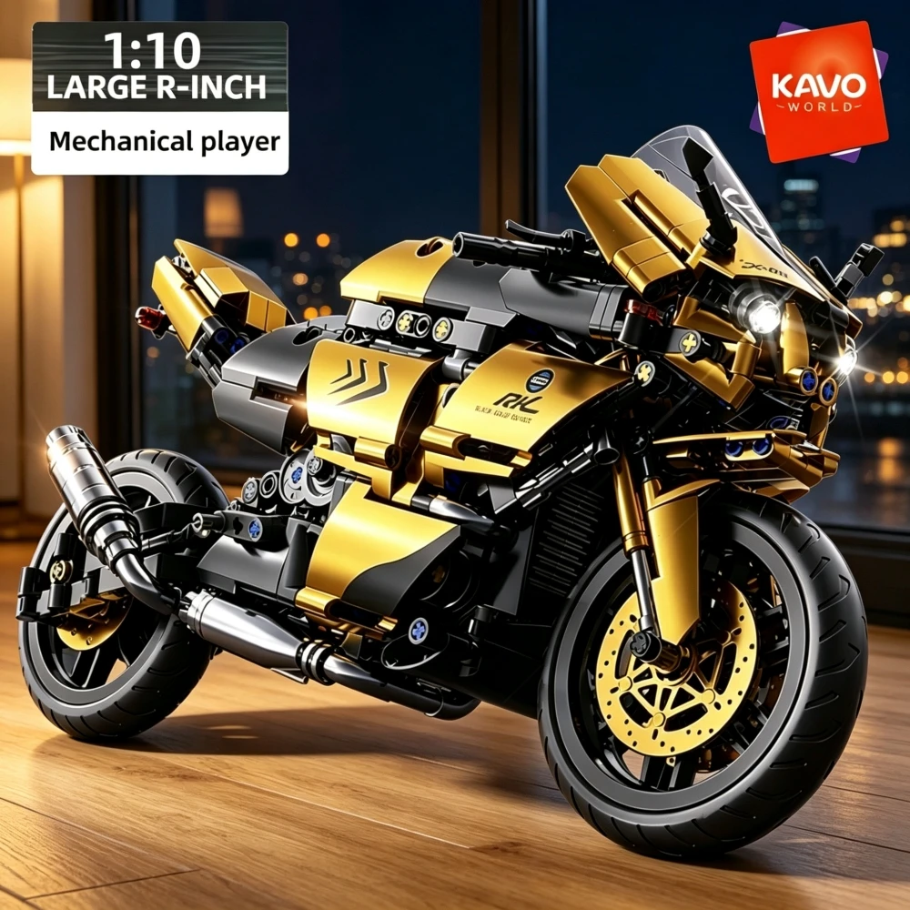 KAVOWORLD 703pcs Black Gold Racing Motorcycle Building Blocks Set 1:10 Scale DIY Sport Bike Assembly Mechanical Brick Model Kit Toy with Working Steering Rear Suspension Collectible Display Hobby Gift for Adults Teens Men Halloween Christmas New Year Gift