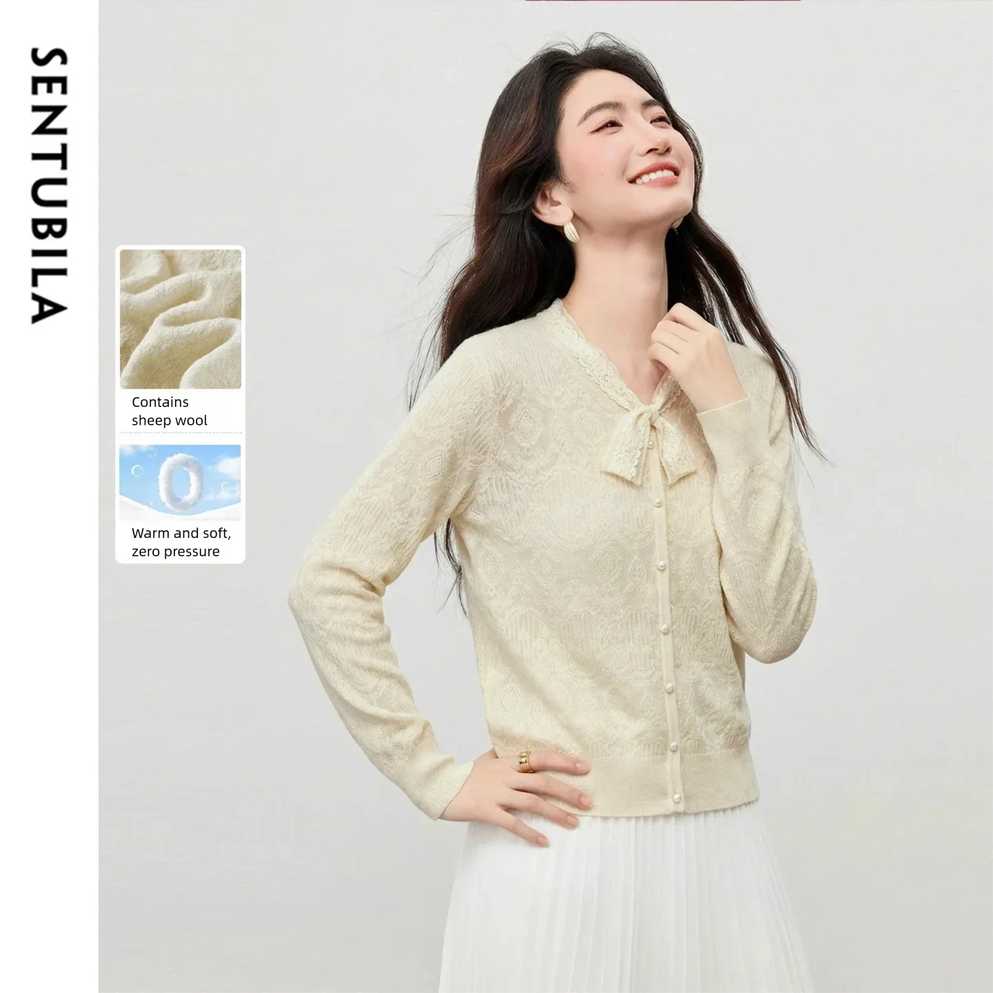 

SENTUBILA Women's Wool Blend Sweater 2026 Spring Elegant Lace Up Pearl Button V Neck Knit Jumper Casual Woman Clothes W61EA6547