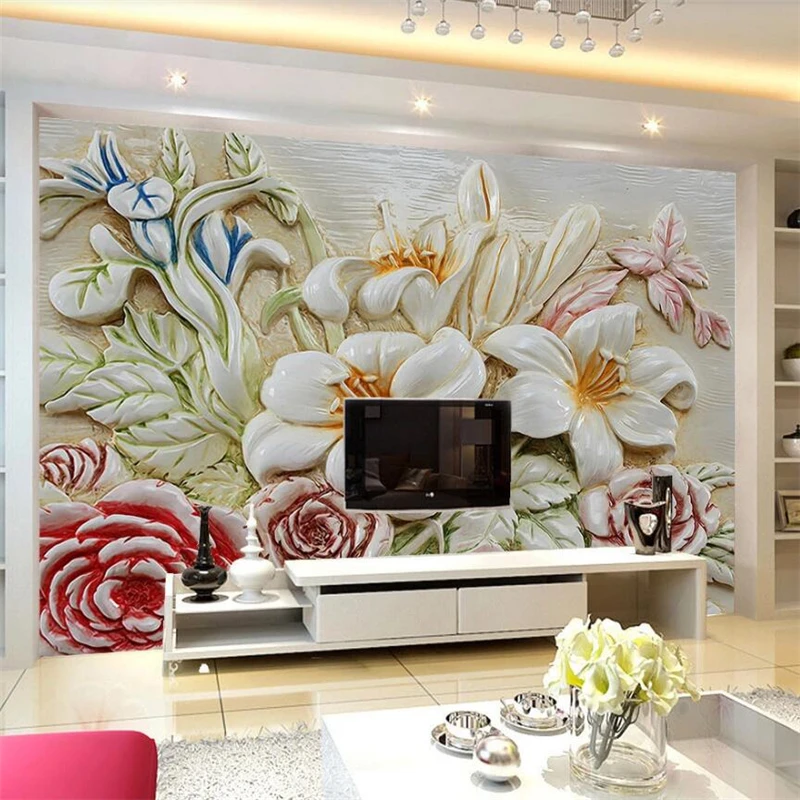 Custom wallpaper 3D European flower embossed TV background wall paper resin flower embossed decorative painting papel de parede