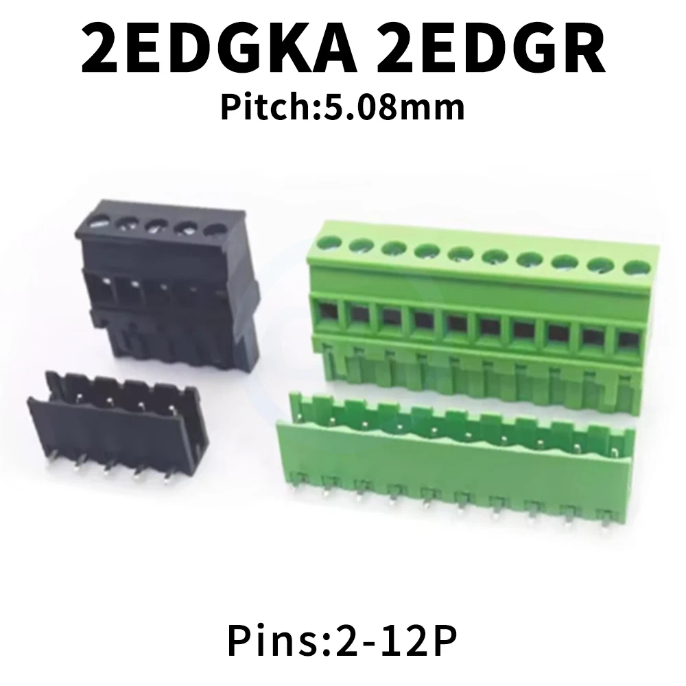 (5 Pcs) KF 2EDGKA + 2EDGR 5.08mm Plug + Cover Bent Pin Black Green PCB Plug-in Terminal Block JM 15EDGKA 5.08 Male Female Block