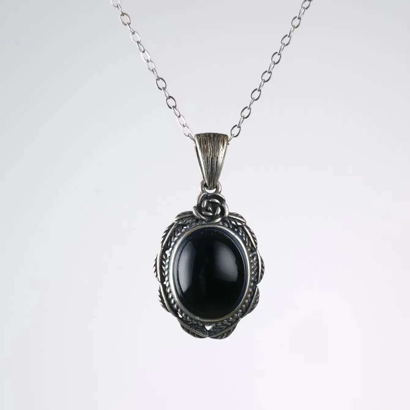 

10*8MM Black Onyx Antique Floral Pendant Necklace S925 Silver Chain Danity Handmade Boho Jewelry Protection Energy Stone Gift