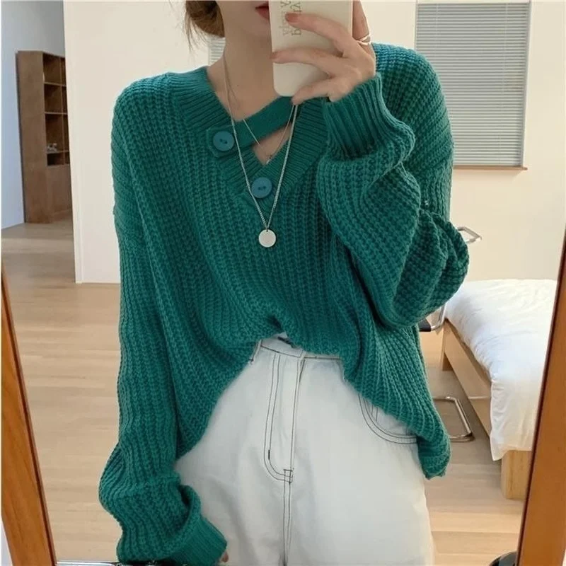 Korean Style Sweaters for Women Long Pullover Clothes Knitted Y2k Sweater with Buttons Vintage Crochet Tops Green Fashion Thick