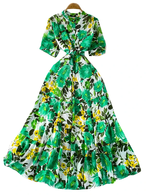 Vaion Print round Ne Long Dr Women's Autumn Belted Waist Slimming Skirt Hem Bell Sve A-Line Midi Dr