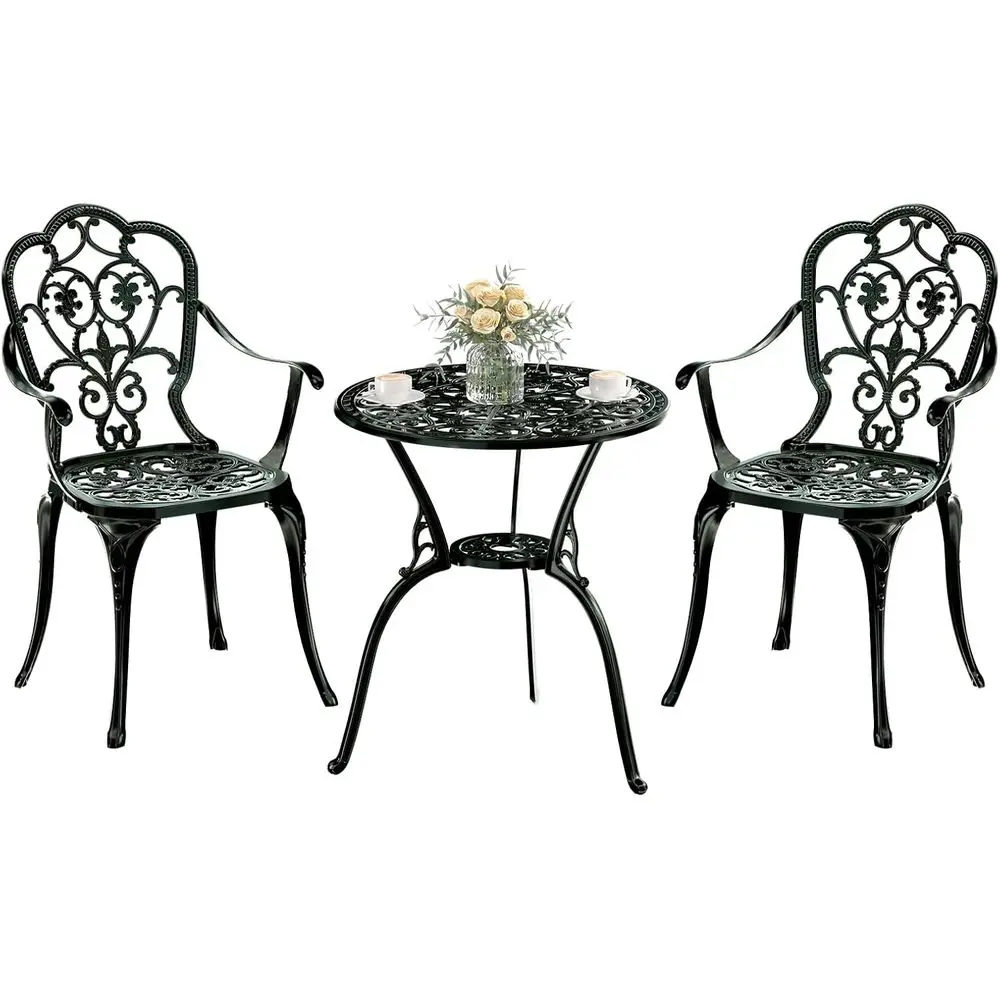 

3-Piece Cast Iron Patio Bistro Set with Umbrella Hole, Green for Outdoor Garden/Lawn Use