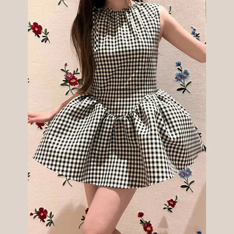 

Plaid sleeveless puffy short doll dress girly age-reducing dress (with leggings)