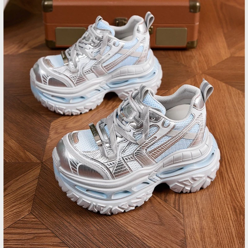 New 2026 Spring Chunky Sneakers High Platform Casual Vulcanized Shoes Woman Soft Breathable Mesh Sneakers 9CM Sports Dad Shoes