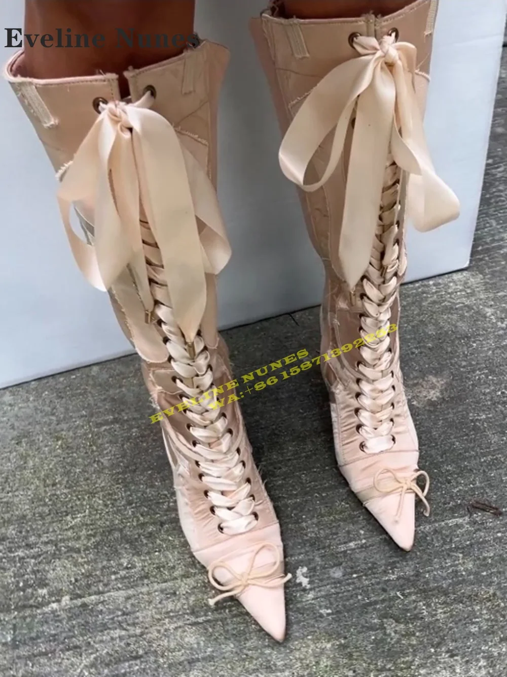 

Nude and Pink Stain Knee-High Boots Dress Party 2024 Newest Wood Heels Bow Lace-Up Ballet Style Large Size Sweet Fashion Booties