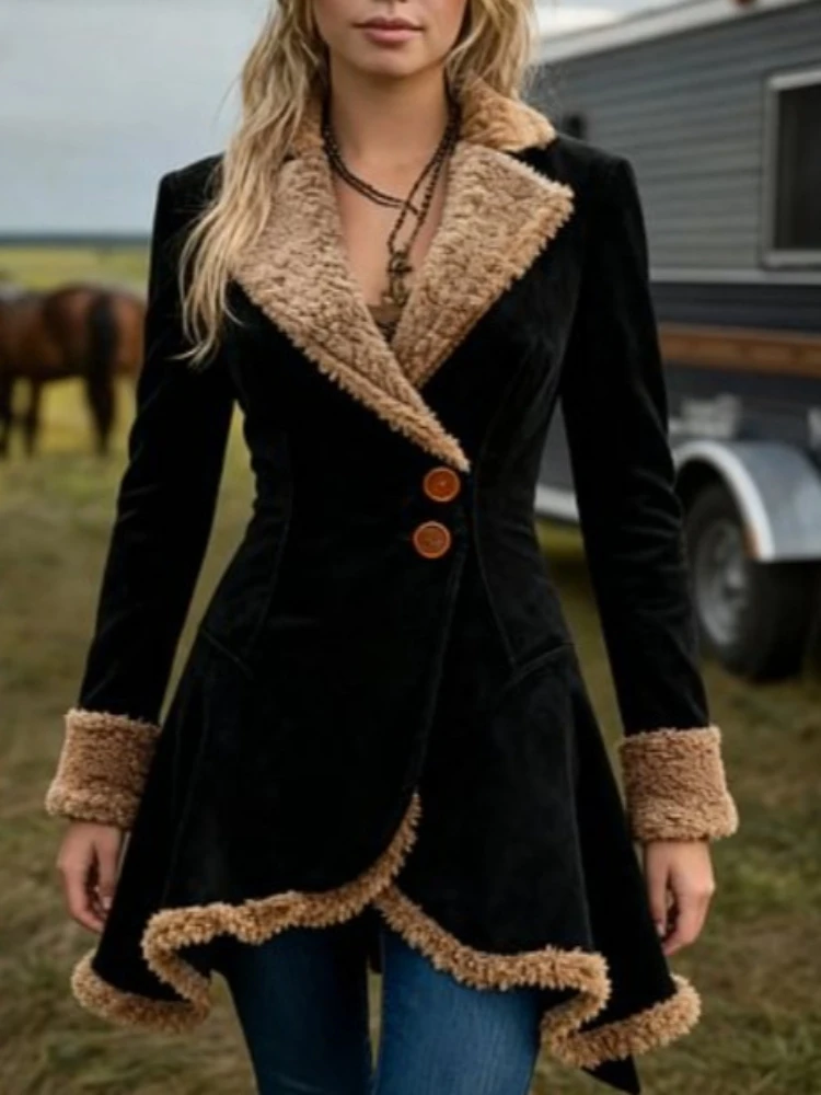Women's Suede Fur Collar Coat Western Plush Autumn And Winter Fashionable Warm Coat Outdoor Windproof Slim Fit Windbreaker