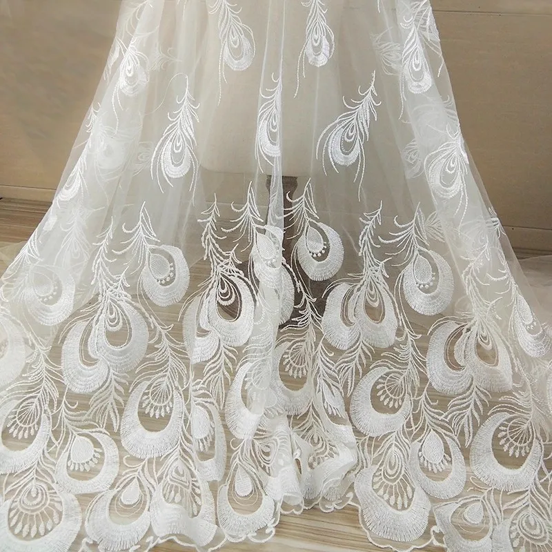 

1yard Hot selling lotus leaf sequin embroidery fabric Peacock Feather Embroidery tela Dress wedding cheongsam fabric & lace