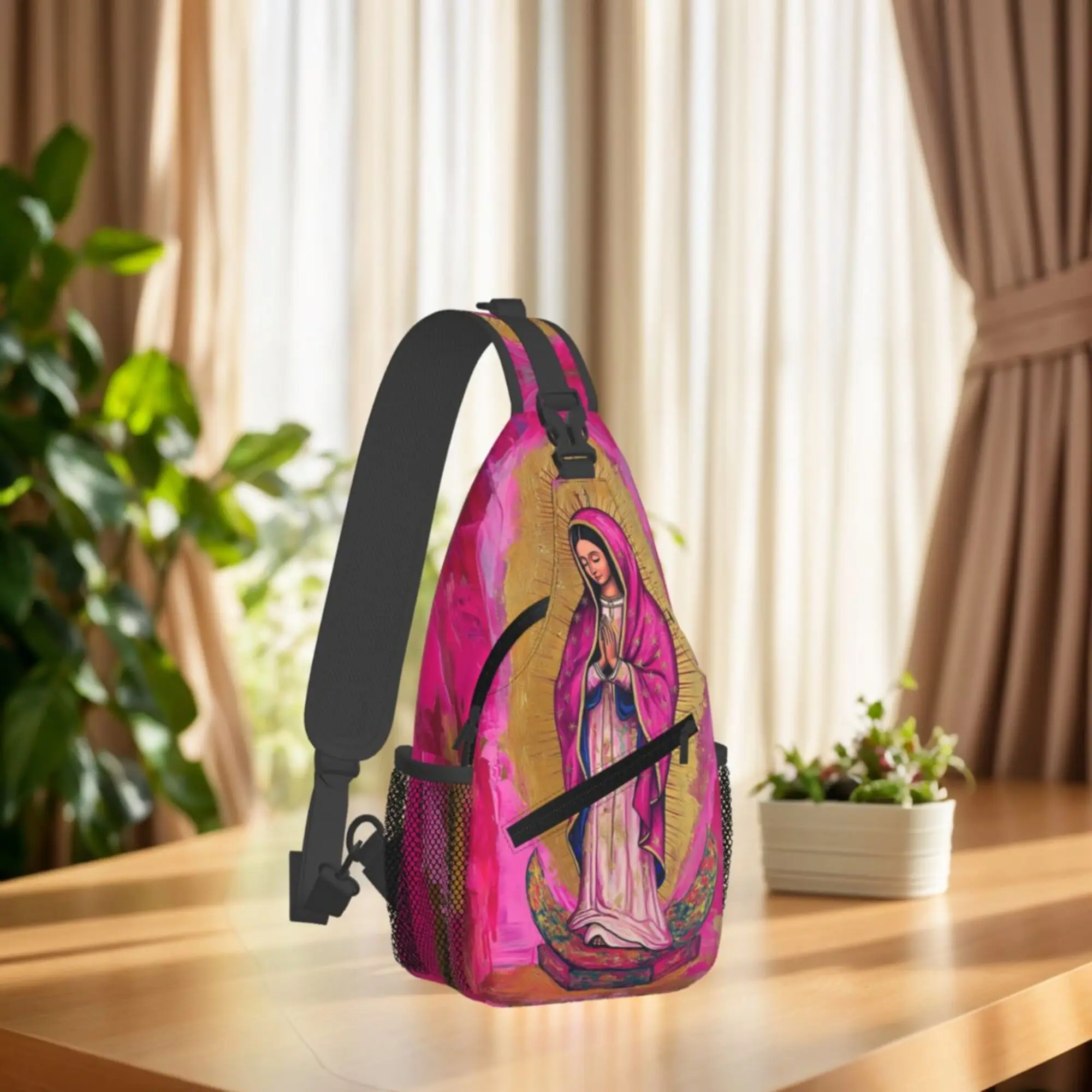 Men's Our Lady of Guadalupe Crossbody Bag Mexican Icon Religious Design with Print Adjustable Strap Zipper