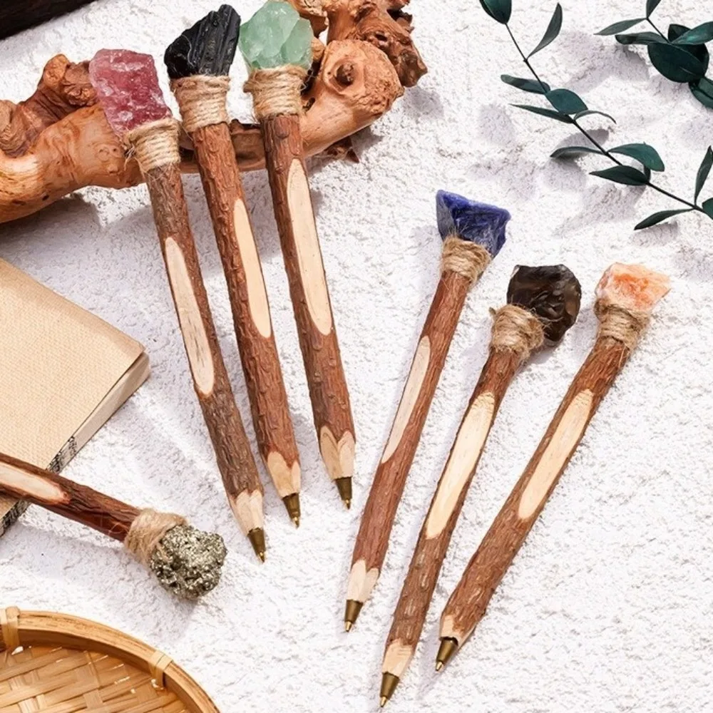 Vintage Natural Rough Crystal Ballpoint Pen Wooden Log Craft Decorative Crystal Wand Pen Handmade Signature Pen Stationery Gift