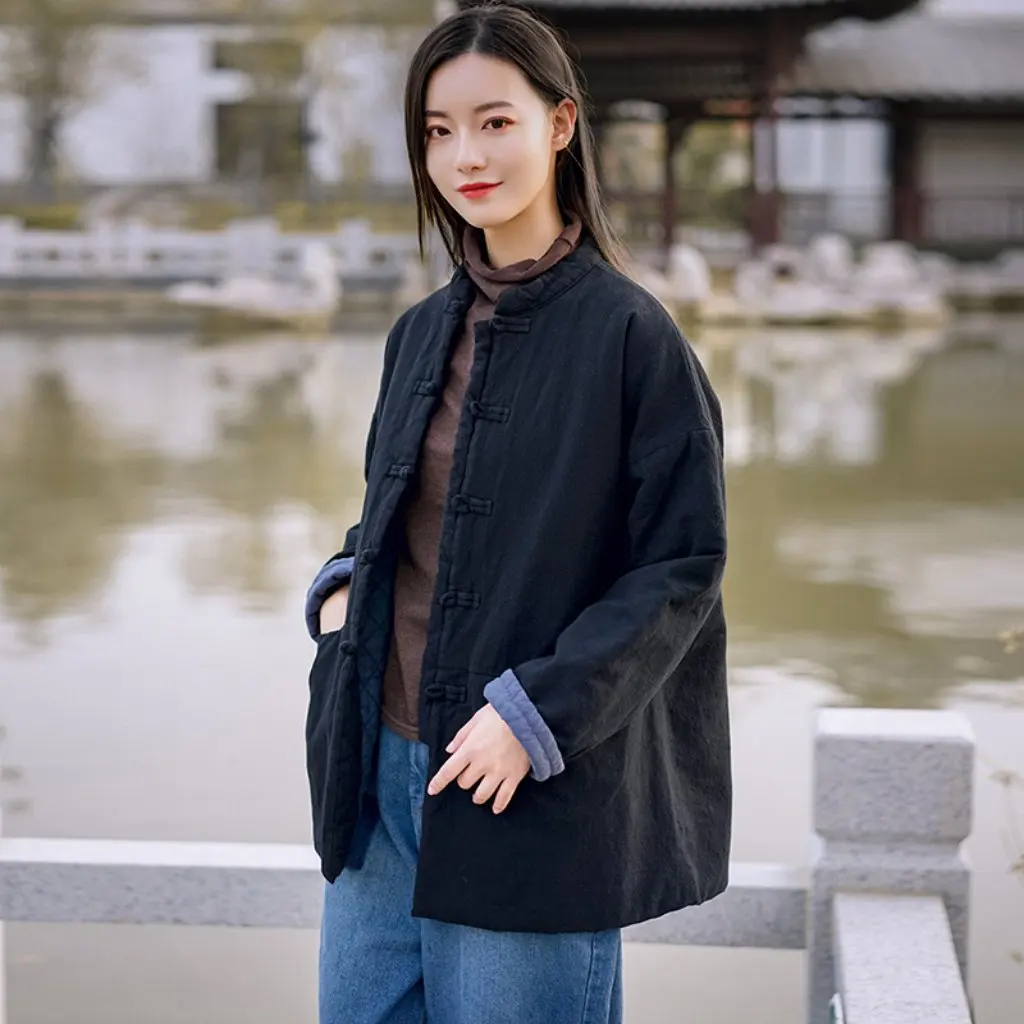 

Winter Women's Retro Cotton Linen Jacket Stand-Up Collar Buttoned Quilted Short Thickened Cotton Jacket for Ladies