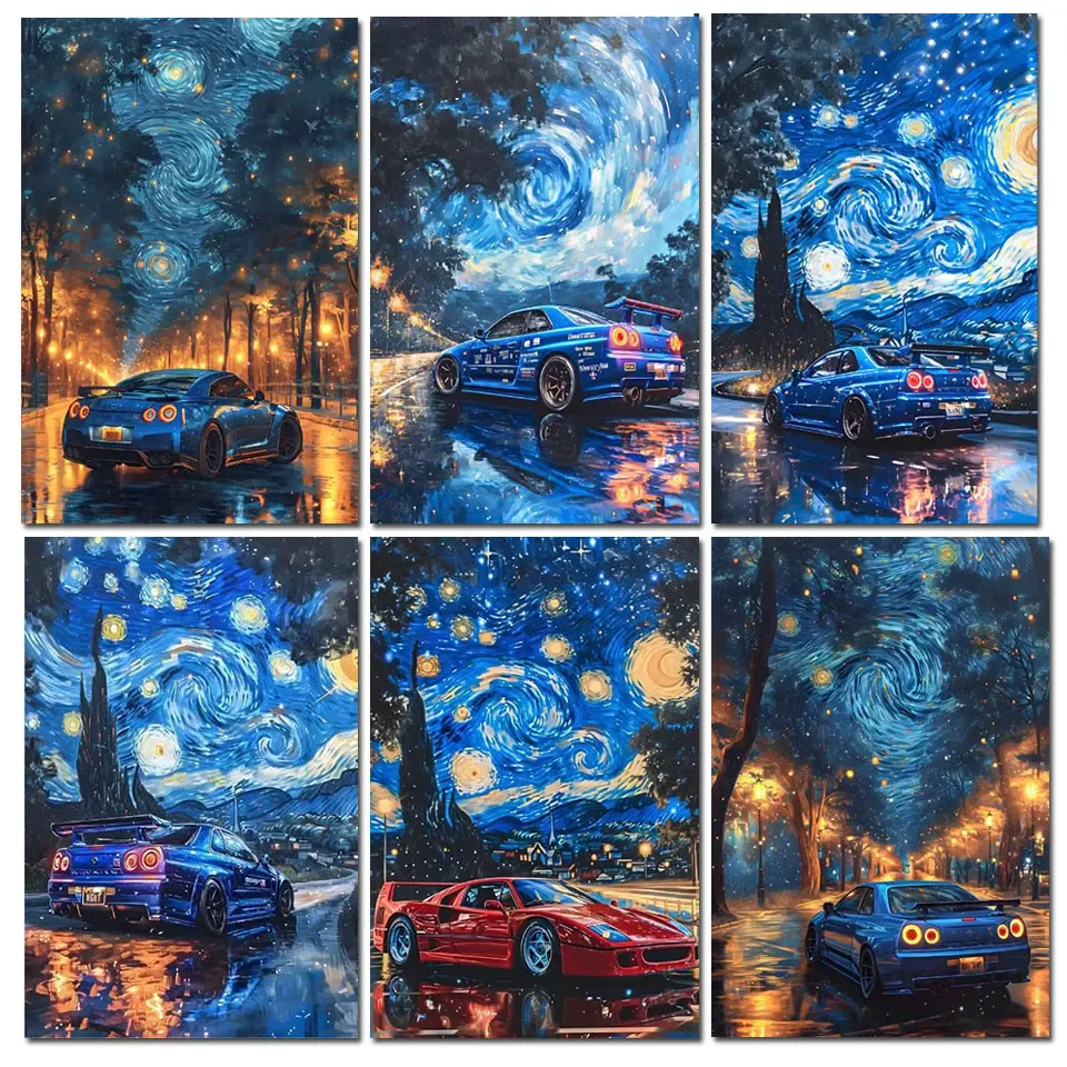 Vincent Van Gogh Starry Sky Night And Car Diamond Painting Cross Stitch Kits Diamond Mosaic Landscape Living Room Home Decor