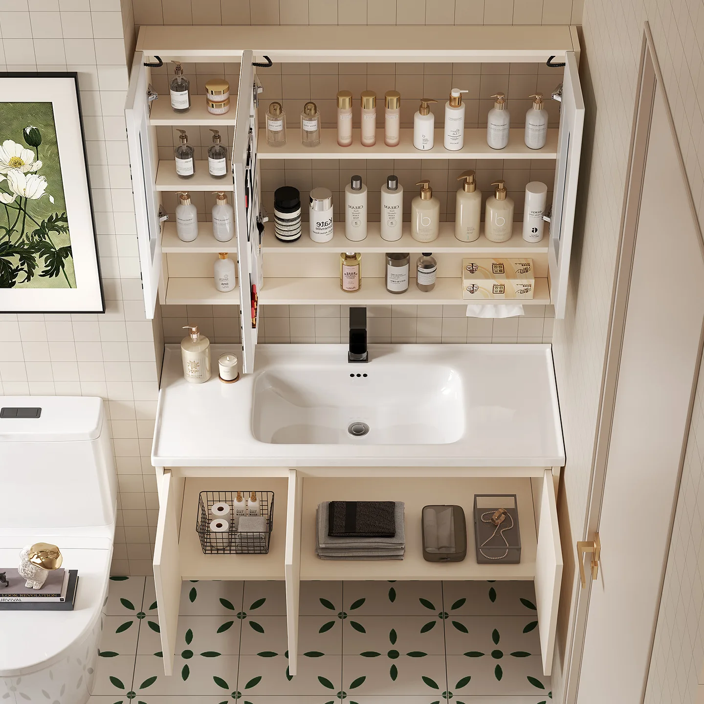 Space Aluminum Bathroom Smart Storage Mirror Cabinet Separately Wall-mounted With Beauty Rack Paper Towels Kong Home Mirror Make view 5