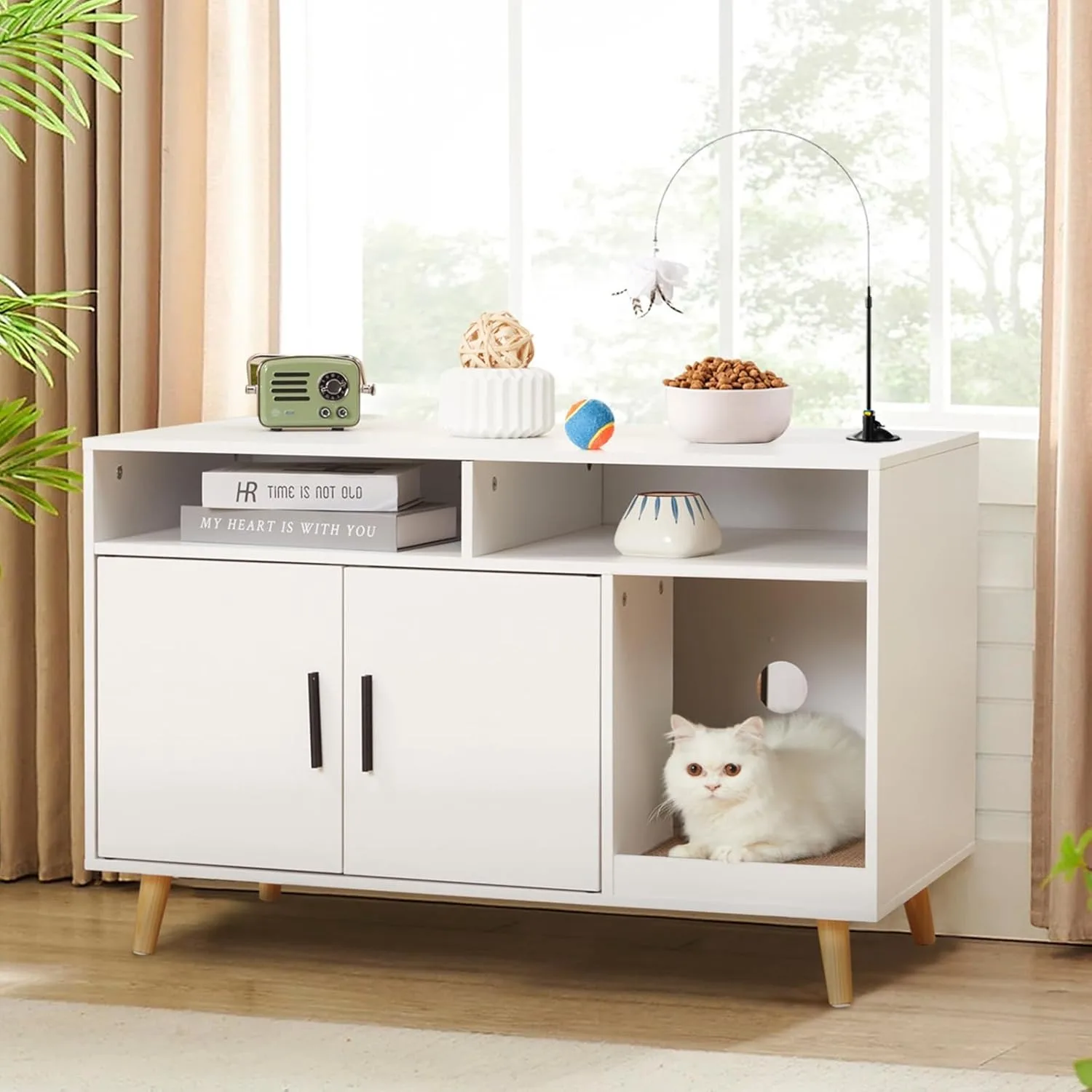 

Cat Litter Box Enclosure, Hidden Litter Box Furniture with Front Entry, 2-Door Storage Cabinet, 2 Compartments, Scratcher Pad