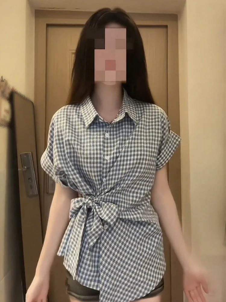 

Retro Diamond Embedded ort Sve Ne irt Women's Summer Design Slimming Uneven Belted Top Korean Sle Commute Wind