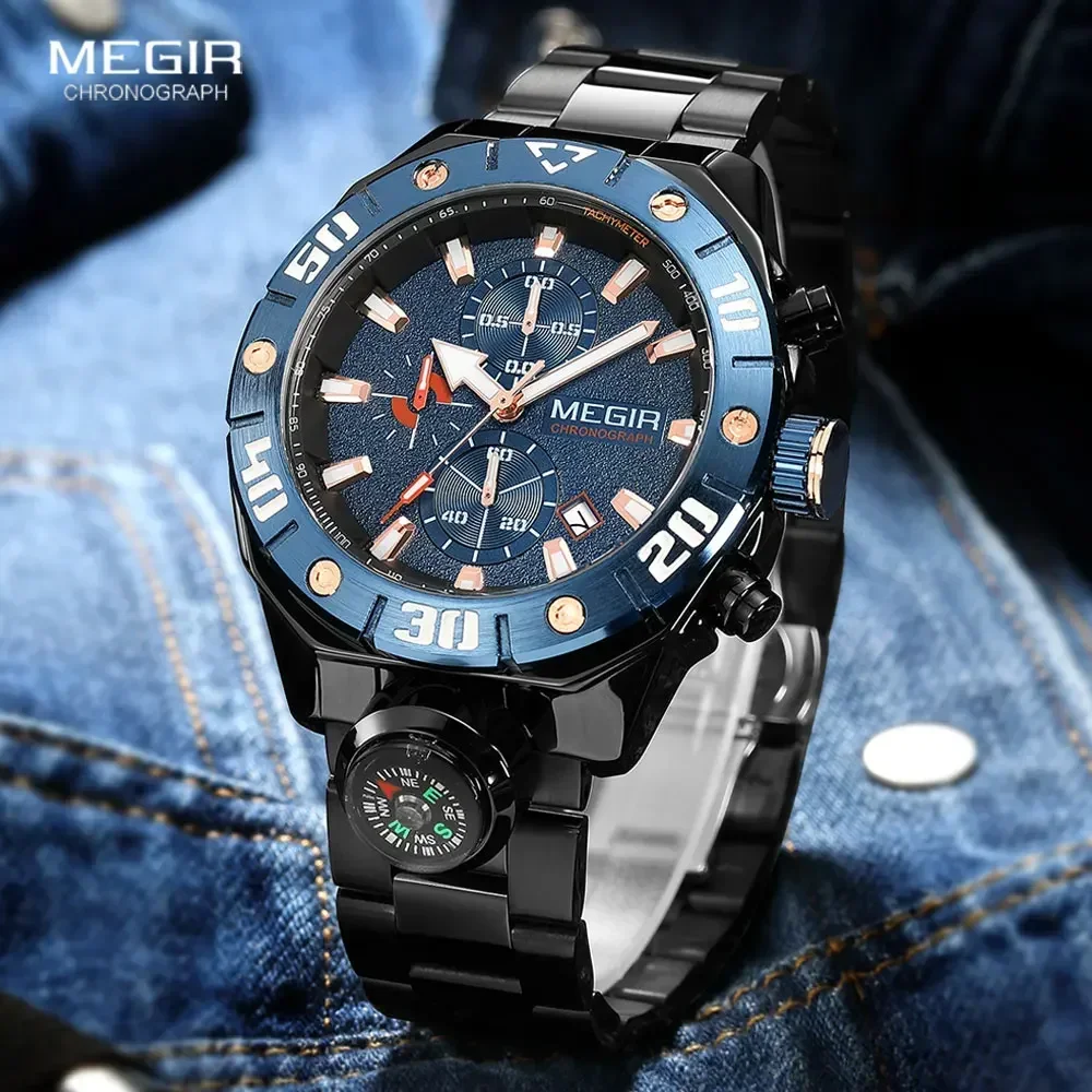 MEGIR Chronograph Quartz Watch for Men Fashion Sport Luminous Wristwatch with Auto Date Decorative Compass Stainless Steel Strap