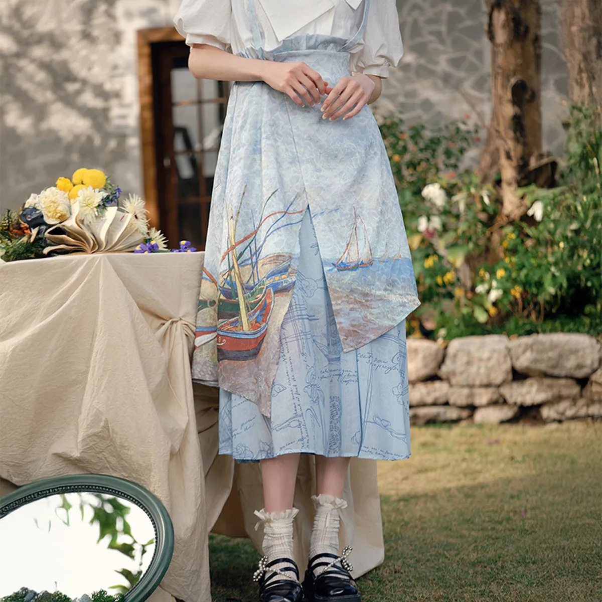 Van Gogh-inspired cloud sea summer retro print high-waist suspender skirt