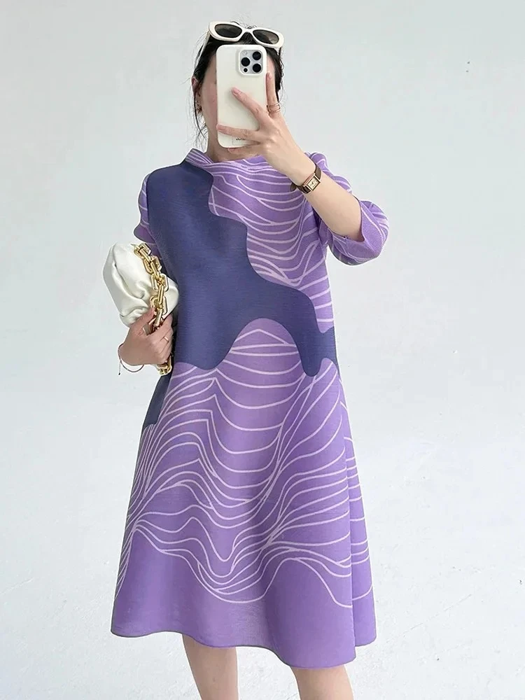 

Miyake 2025 Summer New Purple Stripe Printed Loose Dress Fashionable New Elegant Design Hundred Slim Sleeve Pleated Dresses