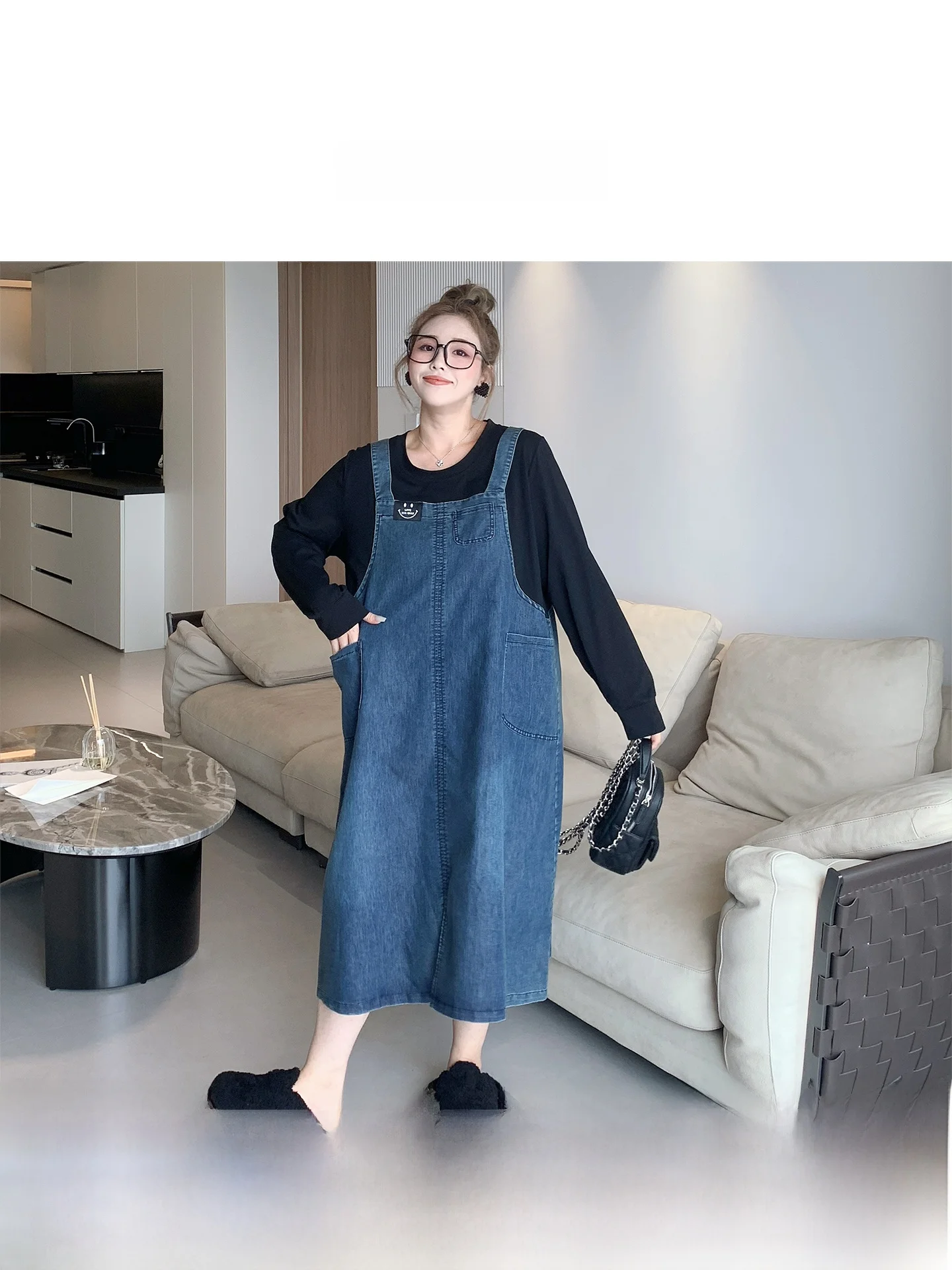 Slimming Effectiven Large Size Denim Patchwork Dr High Waist A-Line Long Sve Women's Autumn Casual Faion Dr