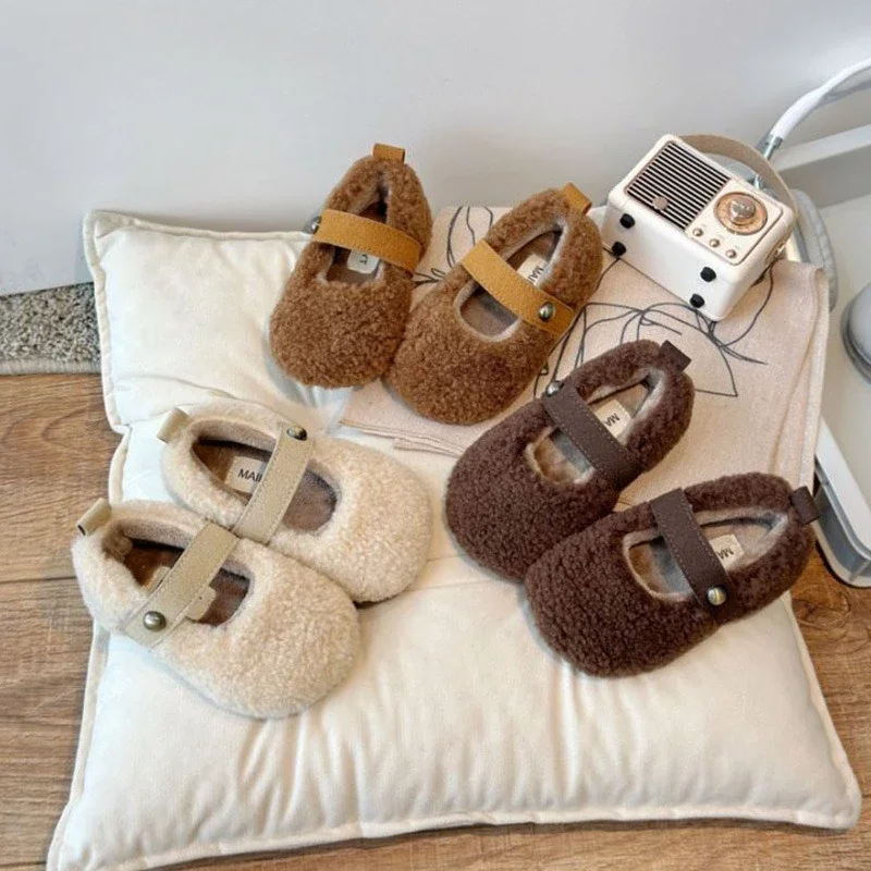 

Kids Flat Shoes Fleece sweet Girls Princess Shoes Solid Color Versatile 2025 winter New Children Plush Shoes Round Toe Sweet