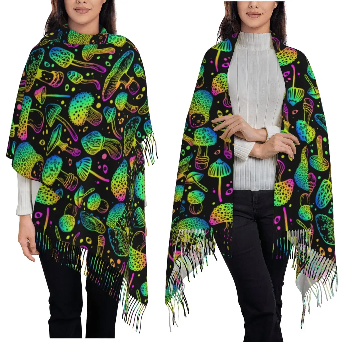 

Trippy Mushroom Psychedelic Scarf Tassel Scarves for Women Soft Warm Shawls and Wraps Long Fall Winter Shawl Wrap