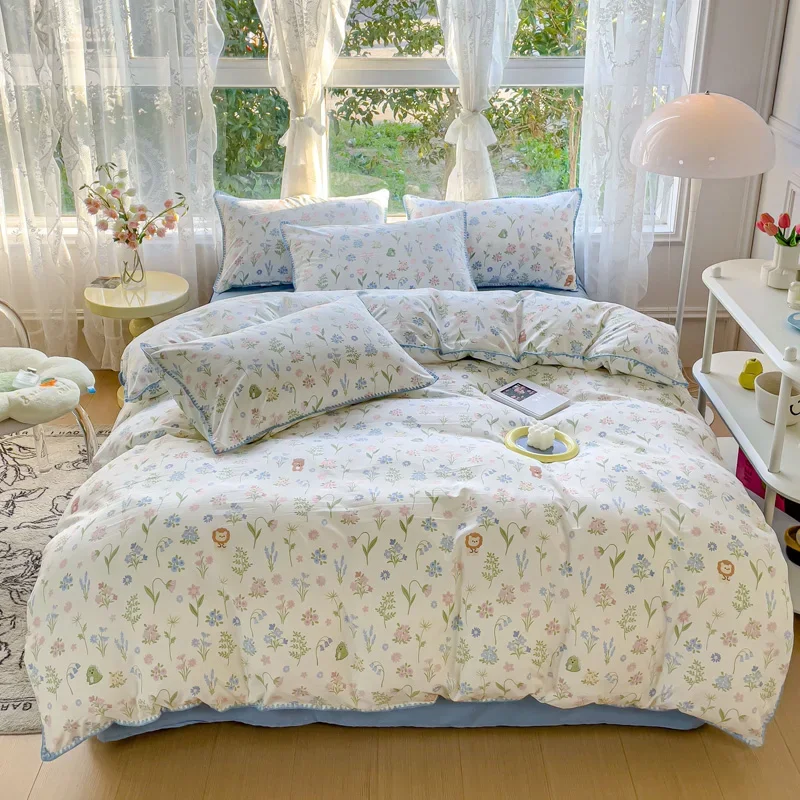 Pastoral Girls Flower Bedding Sets, Washed Cotton Bed Linens, Soft Quilt Cover Sheet Set, Simple Bedspread, Home Textiles