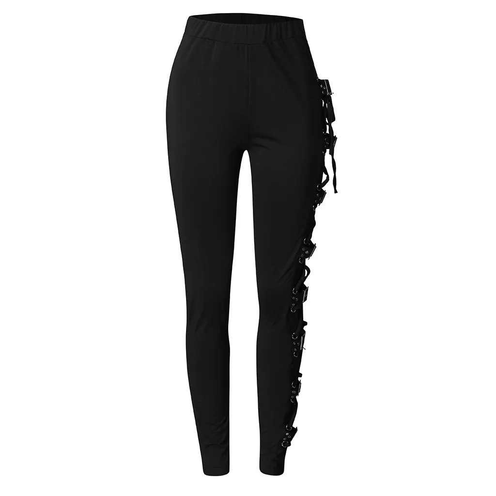 Fashion Lace Gothic Side Pans Trousers Leggings Up Women Lady Black Pants Cropped Pants For Women Casual Floral