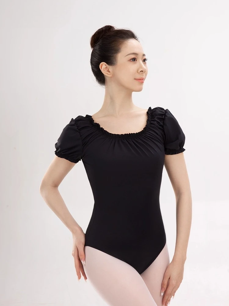 [新] バレエレオタード女性用レーススプライスダンスウェアガール大人半袖ボディスーツ V バックダンス体操水着レオタード