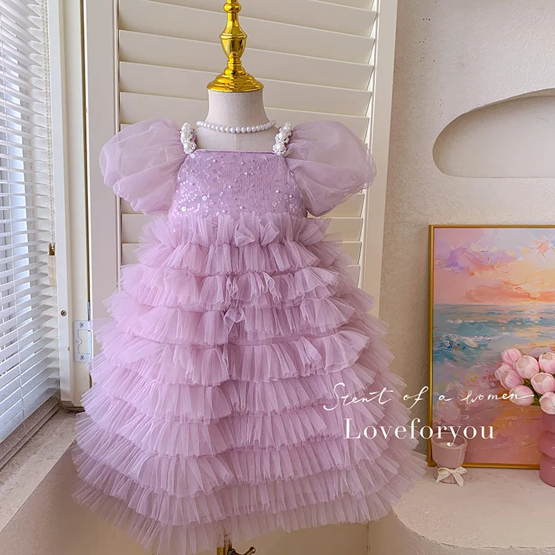 

2025Girls' Summer New Stylish Pearl Cake Birthday Dress