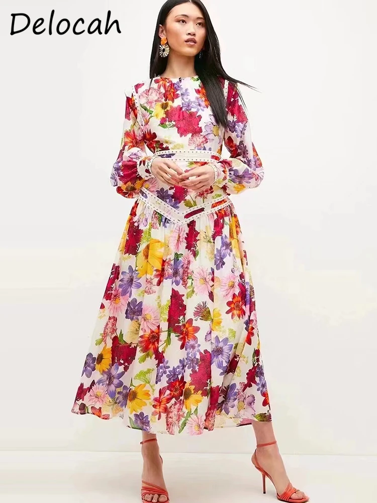 

Delocah High Quality Summer Women Fashion Designer A-Line Dress Lantern Long Sleeve Rivet Floral Printed Big Swing Midi Dresses