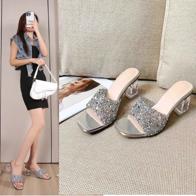 

2026 Women's Elegant Formal Wedding Stiletto Heel Sandals Square Toe Design Sequins Diamond Slippers Rubber Sole Open Toe Shoes