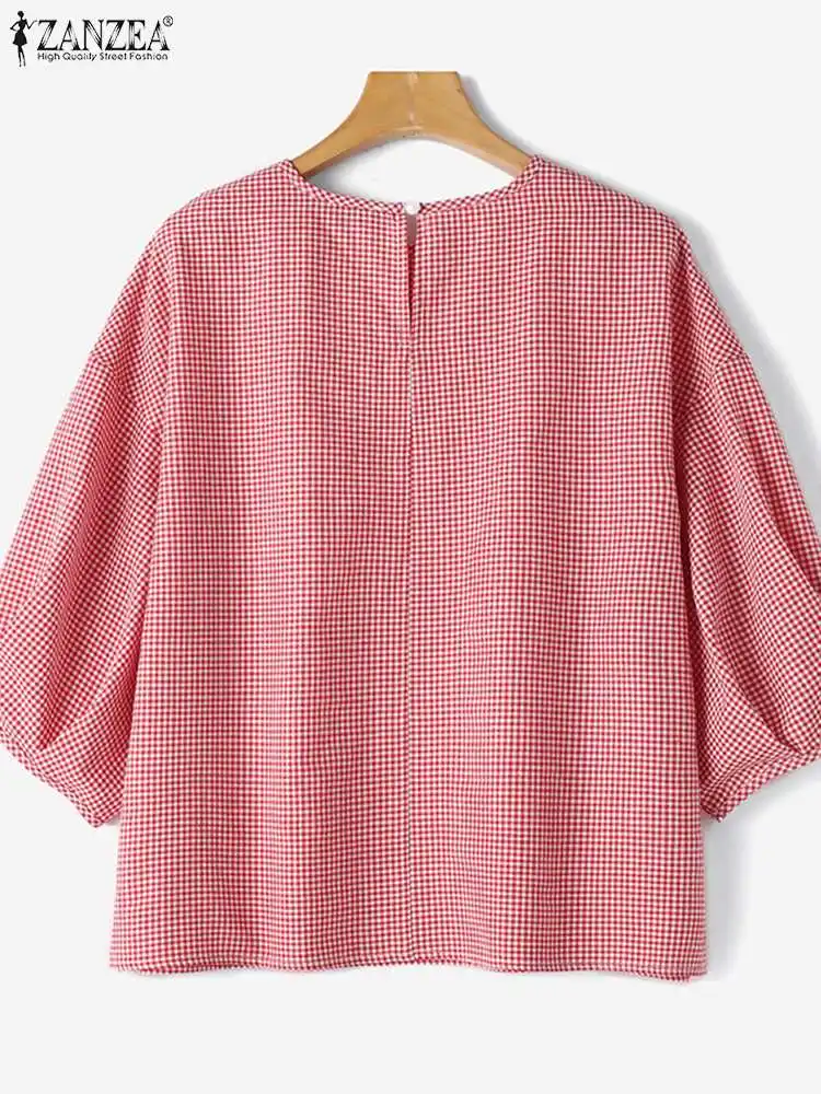 ZANZEA-Blusa de manga farol a cuadros para Mujer, camisa informal Coreana de ocio, con cuello redondo, para verano, 3/4