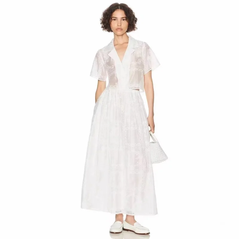 

2025 Summer Fashion Elegant Embroidered Short Sleeve Shirt Top + Elastic Waist Big Hem Skirt Long Skirt Suit
