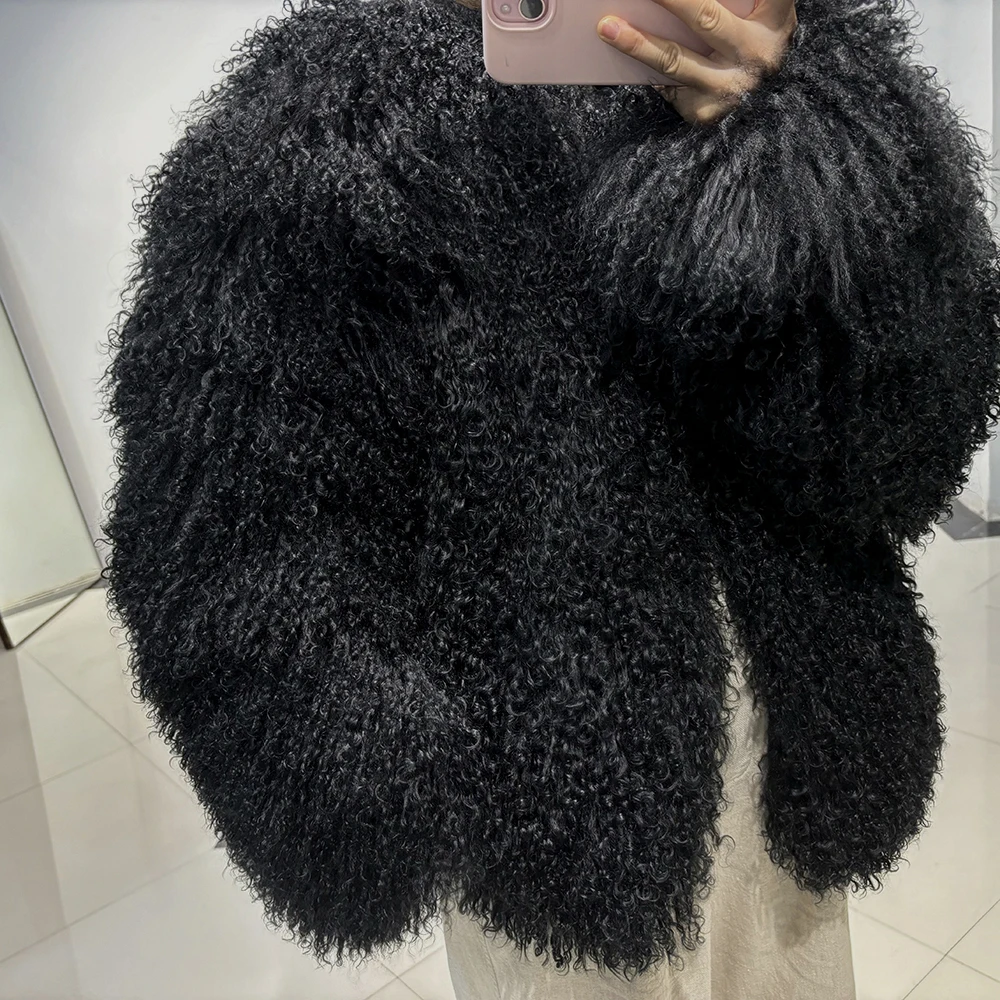 YOLOAgain Plus Size Dark Brown Mongolia Sheep Fur Jacket Women Real Fur Jacket Female Winter Warm Outerwear