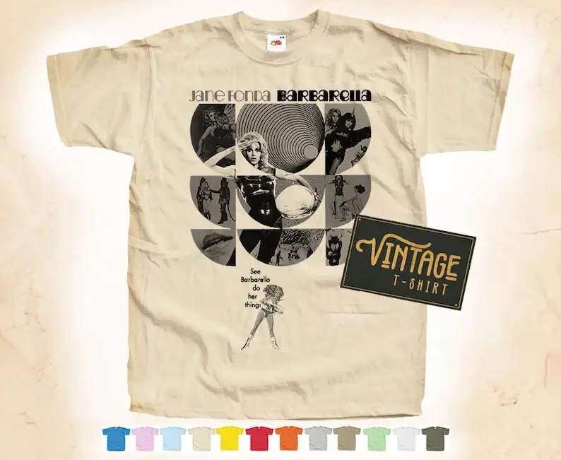 

Black Print: BARBARELLA V2 T shirt Tee Natural VINTAGE Cotton Movie Poster Beige 12 colors All Sizes