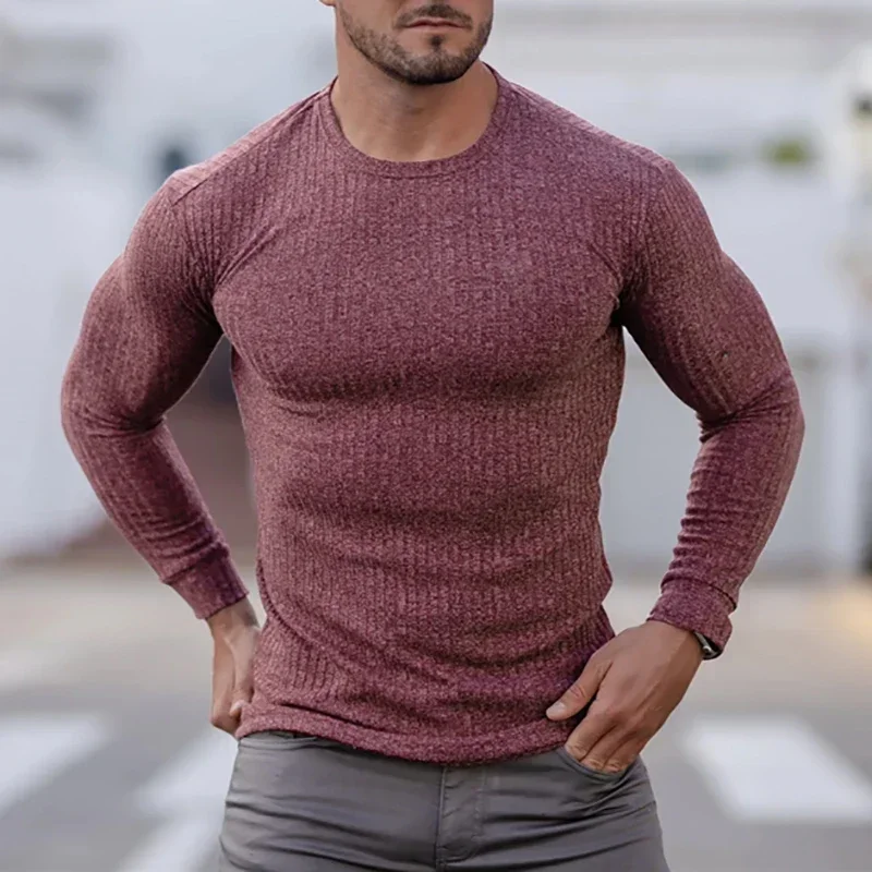 Spring Autumn Knitted Exercise Long Sleeved T-shirts Mens Round Neck Slim Fit Running Casual Gym Training Sports Tees Shirt