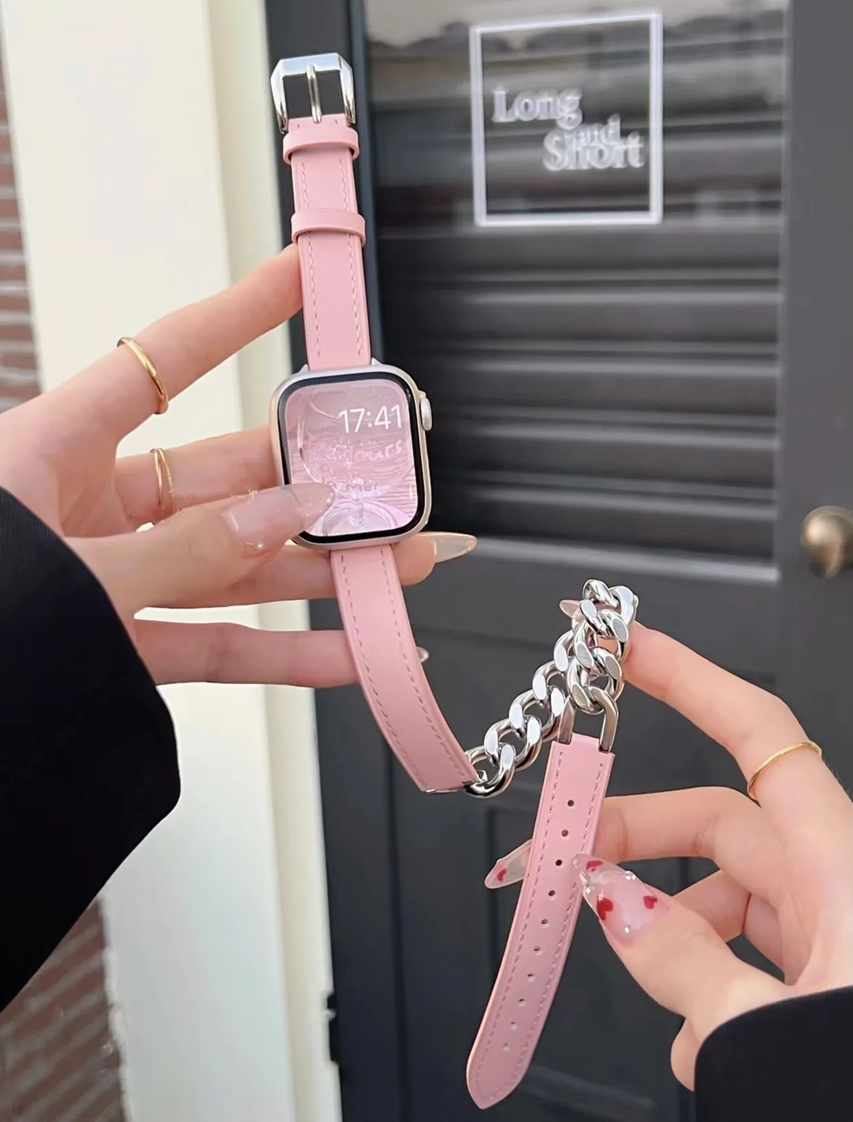 Pulseira de Couro Double Tour para Apple Watch, Correia de Metal para iWatch, Acessórios em Corrente, 40mm, 44mm, 49mm, SE8, 7, 6, 5, 4, 3, 38mm, 42 milímetros, 41 milímetros, 45 milímetros