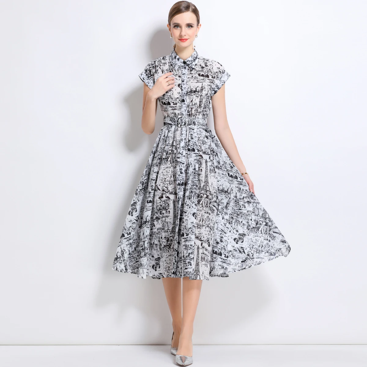 Nieuwe zomer revers korte mouw lange jurk high-end bedrukte blad runway een lijn riem slanke kantoorfeest lange jurken