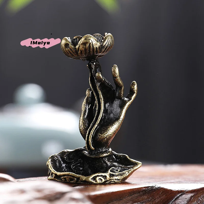 M-Retro Pure Copper Backflow Incense Buddha Hand Lotus Brass Incense Frame Incense Zen Tea Ceremony Table Tea Table Furnishings