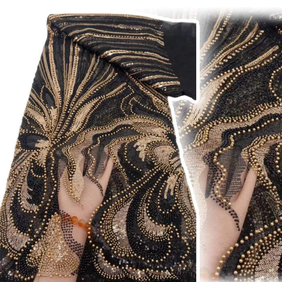 

Африканская кружевная ткань 2025, кружевная ткань ручной работы с бисером, Франция, блестки, нигерийская вышивка, свадебная сетчатая кружевная ткань для шитья C1267
