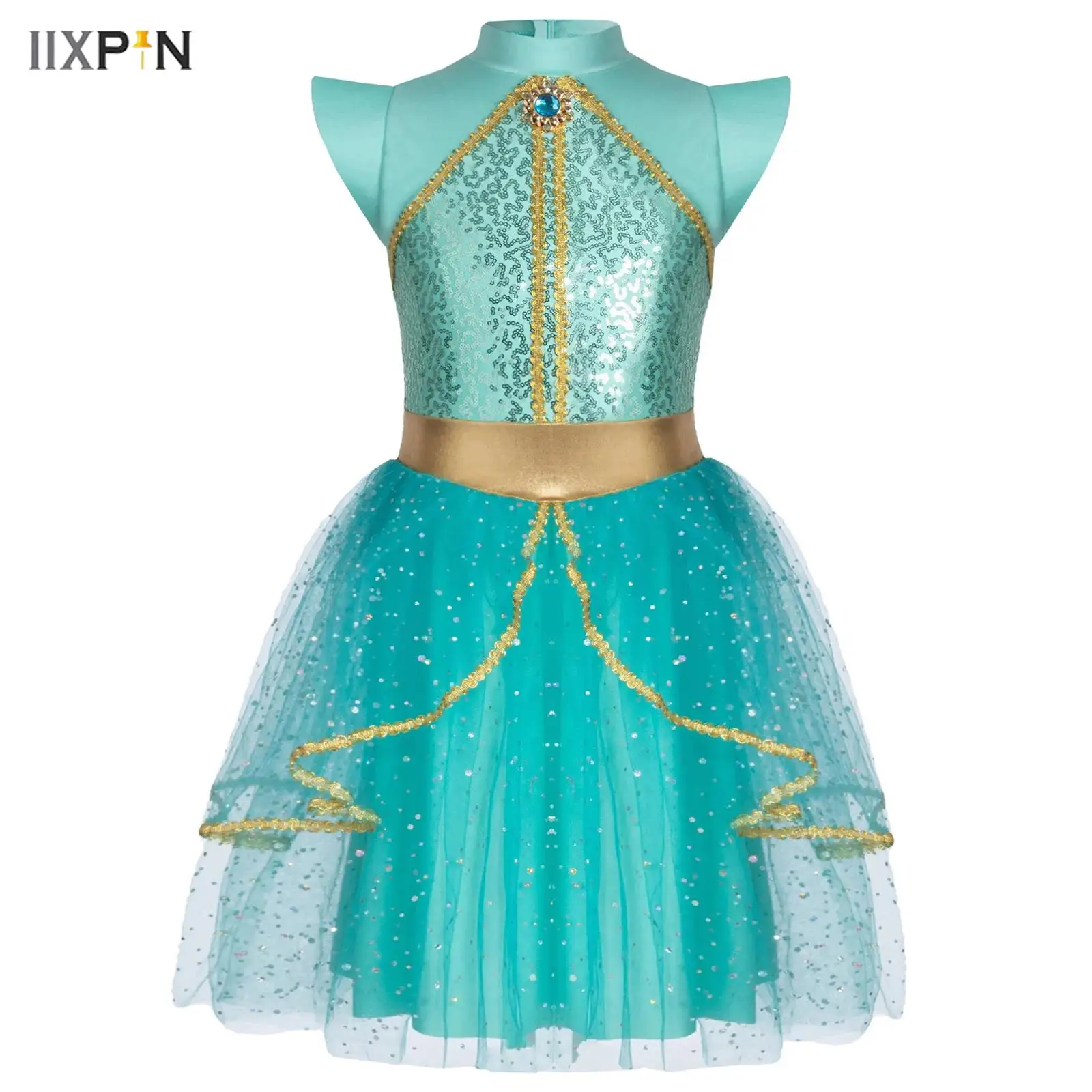 

Костюм арабской принцессы для девочек, нарядное платье на Хэллоуин, 2 шт., золотое тканое платье со стразами и блестками, сетчатое наложение, тюлевое платье-пачка